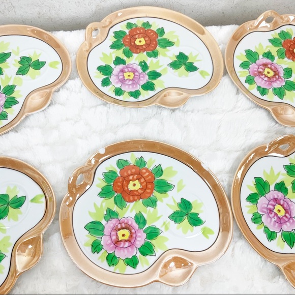Vintage Seiei & Co Japan 6 floral lusterware snack plates - Picture 3 of 8